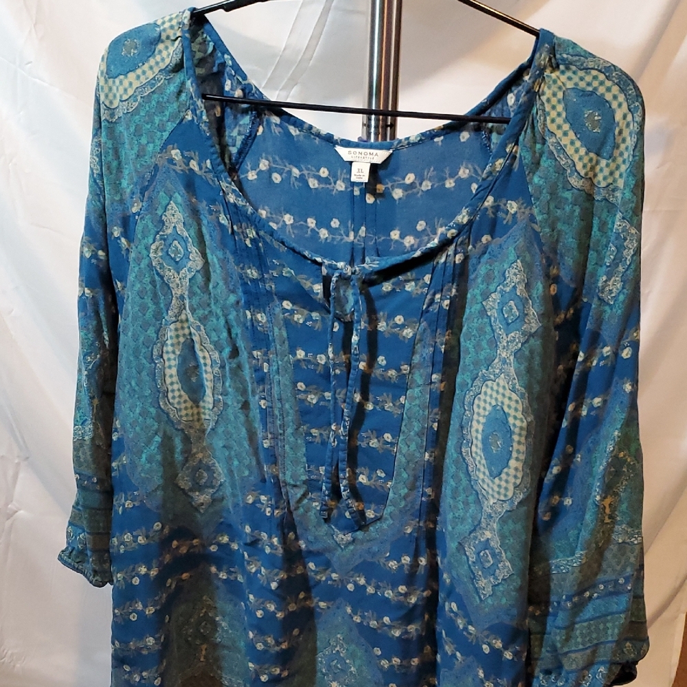 Blue Medallion Print Peasant Blouse with Tie Neck